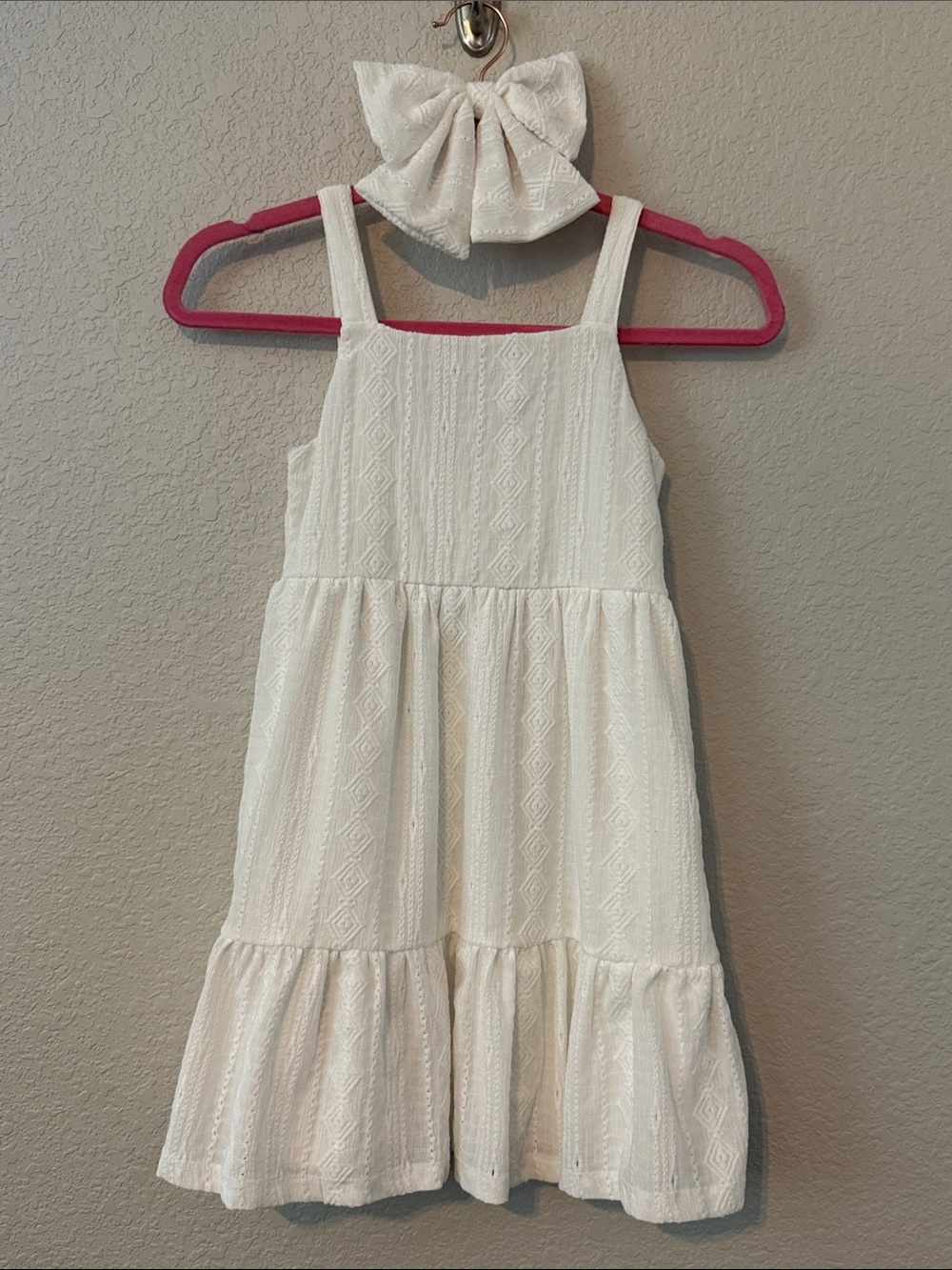 btween white Textured Tiered Sundress with Matching hair bow